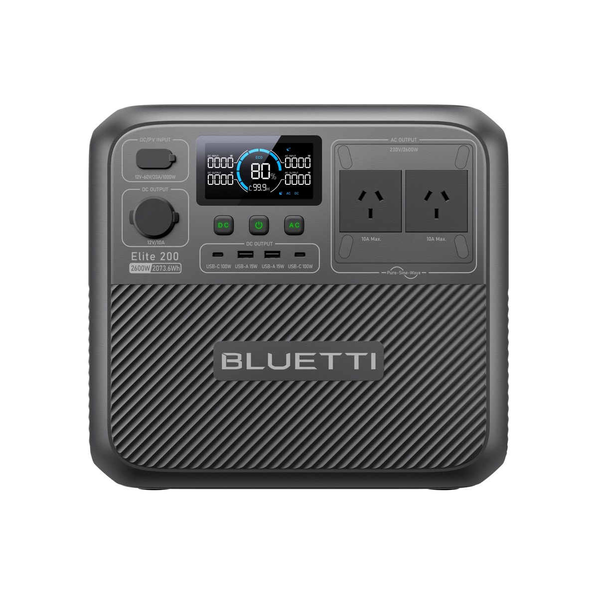 A Bluetti Elite 200 V2 portable power station with Australian 230V outlets and its display reading 80 percent